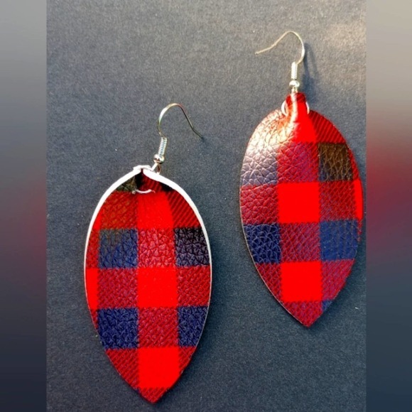 5 for $25 Buffalo Plaid Leather Earrings Black Red Holiday Earrings Teardrop - Picture 2 of 8